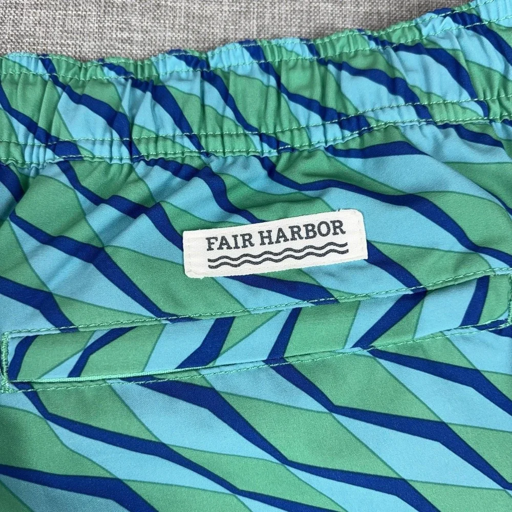 Fair Harbor Swim Shorts Mens Large Blue Green Geometric Trunks Lined Stretch